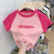亲子女童短袖t恤夏季2023韩版宝宝洋气，时髦短款上衣辣妹拼色