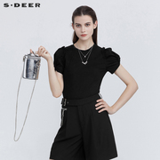 sdeer圣迪奥女装夏装休闲圆领设计感抽褶花边黑色T恤S21280109