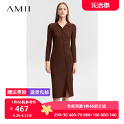 Amii新中式连衣裙女2023秋季修身显瘦针织裙斜门襟羊毛衬衫裙
