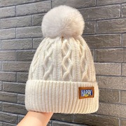 加绒毛线帽冬季加厚保暖东北针织帽女大头围，护耳毛球帽子白色球(白色球)帽