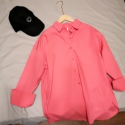 西瓜红粉色中长款内搭长袖棉衬衫，宽松百搭休闲外套开衫女2024春款