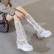 夏季韩版网纱镂空长靴女松糕厚底薄款长筒靴透气高帮凉鞋网布