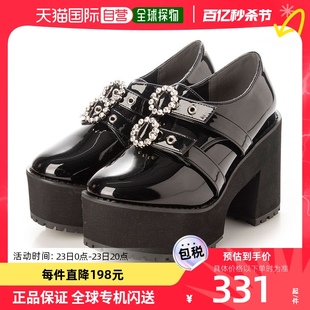 日本直邮attagirl粗跟厚底女鞋10cm宝石扣带黑色珐琅时尚