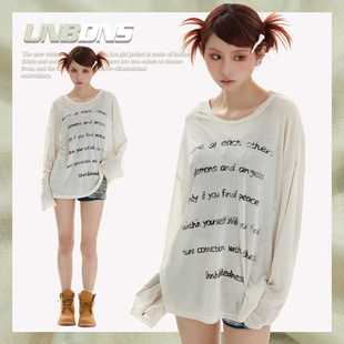 UNBDNS 慵懒薄款罩衫字母印花T恤女装春装中长款宽松长袖露肩上衣