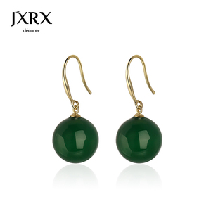 JXRX高级感墨绿色玛瑙耳环女2023年潮耳钉气质名媛短发耳饰品