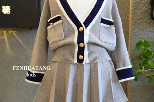 2023春秋韩版女童针织开衫+短裙，两件套儿童洋气，毛衣裙(毛衣裙)套装潮