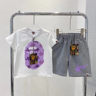 mijello2024夏款套装儿童紫色，猿猴印花卡通，短袖t恤+星星五分裤
