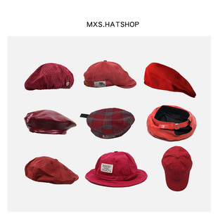 新年红色帽子男女贝雷帽，小众潮牌韩版学生百搭复古渔夫帽本命年