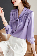 2024春季紫色飘带雪纺衬衫女长袖绣花V领上衣设计感气质小衫