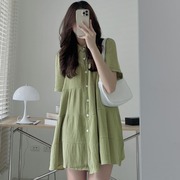 韩国chic夏季法式小众中长款单排扣衬衫裙小个子，宽松a字连衣裙女
