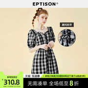 eptison连衣裙女2024夏季复古格子短裙方领显瘦泡泡袖裙子