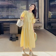 孕妇夏装连衣裙显瘦黄色半袖韩版超长裙设计感孕妇装夏季仙女裙子