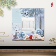 新中式创意麋鹿画开关墙贴个性插座贴卧室客厅壁火保护3个包