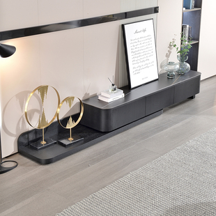 定制岩板电视柜现代简约家具可伸缩黑白电视机柜意式大小户型客厅