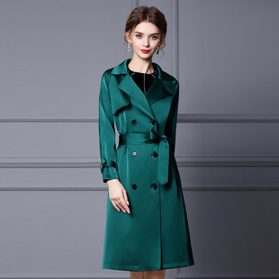 2023年秋冬时尚风衣外套女设计感级墨绿色长袖显瘦大衣