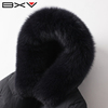 黑色狐狸大毛领羽绒服，女中长版2023冬季腰带，宽松保暖连帽外套