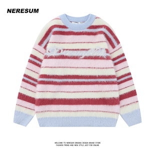 Neresum美式复古学院甜美条纹马海毛软糯套头宽松慵懒风针织毛衣
