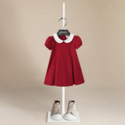 伯米吉女童红色短袖连衣裙宝宝儿童装，白色娃娃领周岁，裙礼服裙子棉
