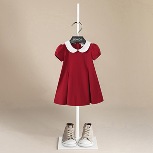 伯米吉女童红色短袖连衣裙宝宝儿童装白色娃娃领周岁裙礼服裙子棉