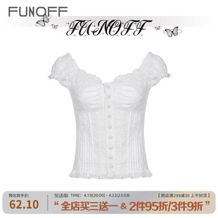 FUNOFF法式复古蕾丝提花褶皱排扣短袖宫廷修身显瘦低领泡泡袖上衣