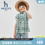 hazzys哈吉斯(哈吉斯)童装，男童t恤2024夏季棉质学院格子短袖衬衫