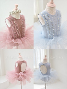 宝宝穿什么韩国进口女童，夏季无袖水钻珍珠，褶皱芭蕾舞蹈裙连衣裙