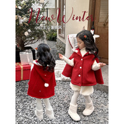 女童加厚外套2023呢子大衣韩版红色圣诞披风洋气拜年服红斗篷