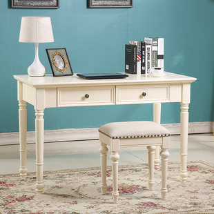 美式全实木书桌象牙，白色欧式电脑桌现代写字桌办公桌梳妆台化妆桌