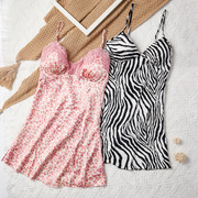 豹纹睡裙吊带粉色女连衣裙短款带胸垫薄款家居服