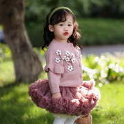 女童长袖荷叶边花朵绣花开衫配兔兔裙上装秋冬季宝宝衣服公主外套