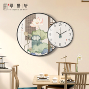 新中式餐厅装饰画禅意荷花平安时钟钟表组合壁画客厅背景墙挂画