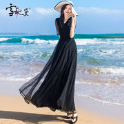 黑色高端雪纺连衣裙女长款到脚踝超长薄款飘逸夏天海边度假大摆裙