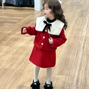 2023冬季韩版童装女童新年红色大翻领呢子大衣+背心裙2件套装
