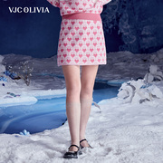 VJC OLIVIA2023秋冬粉色针织半身裙撞色提花减龄高腰短裙女装