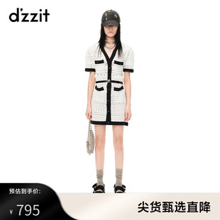 dzzit地素连衣裙23年夏季小香风镂空肌理撞色V领设计女