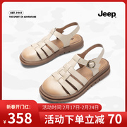 Jeep吉普镂空包头罗马凉鞋女2023夏季猪笼鞋一字扣软底编织凉鞋