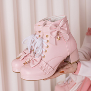韩版甜美粉色马丁靴女学生洛丽塔高跟短靴女靴公主原创lolita鞋冬