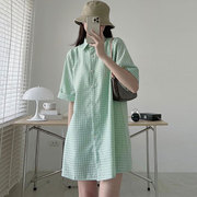 韩国chic夏季法式温柔翻领单排扣编织镂空设计短袖衬衫式连衣裙女