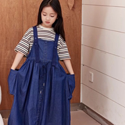 中大童女童套装2024洋气韩版条纹上衣背带连衣裙两件套023款