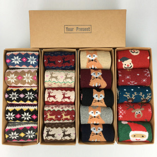 盒装圣诞袜秋冬羊毛袜，加厚保暖金丝小鹿女士中筒袜子
