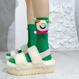 绿色袜子搞怪创意趣味中长筒袜，秋冬季个性装饰纯棉玫红彩色小腿袜