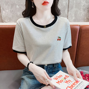 韩版宽松短袖t恤女夏季女装条纹纯棉体，恤衫2024港味chic上衣