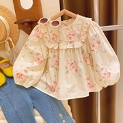 法式女童甜美可爱娃娃，衬衫2023春秋宝宝小清新花朵灯笼袖上衣