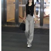 235292023夏季韩版黑色，无袖上衣高腰，条纹裤显瘦女