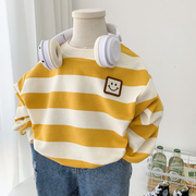 男童薄款卫衣春装，2024儿童装女童宝宝洋气条纹，上衣圆领套头衫