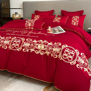 高端新婚结婚床品四件套床单被套婚房婚庆，红色喜被高级感新年床品