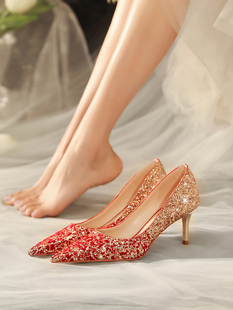 法式水晶鞋2024香槟色结婚鞋，水钻蝴蝶结尖头高跟鞋，女细跟单鞋