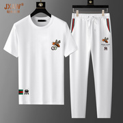 欧洲站运动套装男2022秋季小蜜蜂刺绣高端短袖长裤两件套