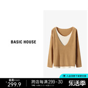 Basic House/百家好假两件撞色针织衫春季宽松显瘦圆领长袖毛衣