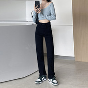 韩国小直筒牛仔裤女2024弹力咖啡色显瘦宽松烟管拖地裤子美式